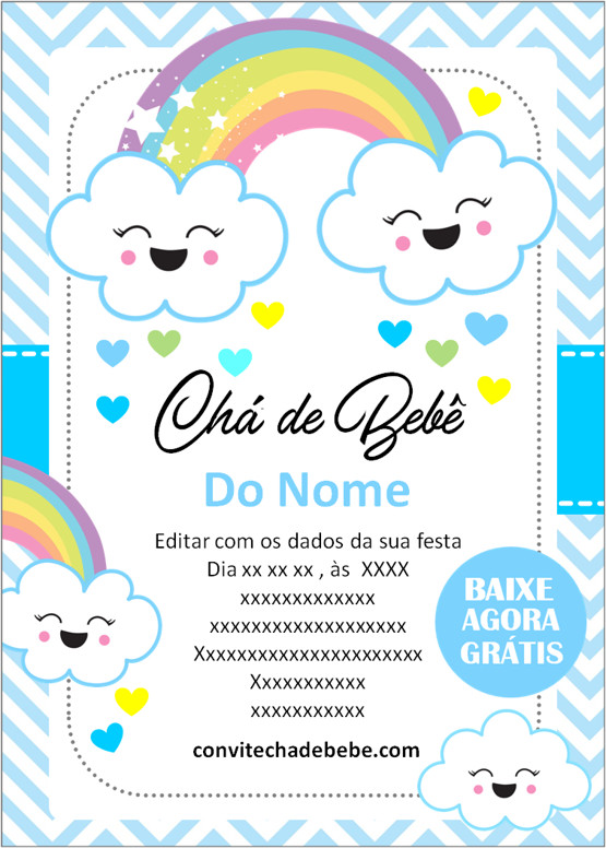 Convite Chuva De Amor Chá Bebê Fralda Digital Nuvem Chuva