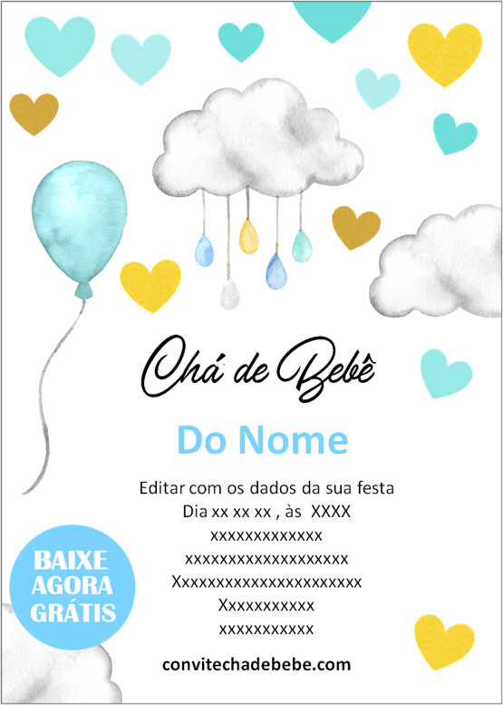 Convite CHÁ DE FRALDAS CHUVA DE AMOR, BENÇÂOS - Edite grátis com nosso  editor online