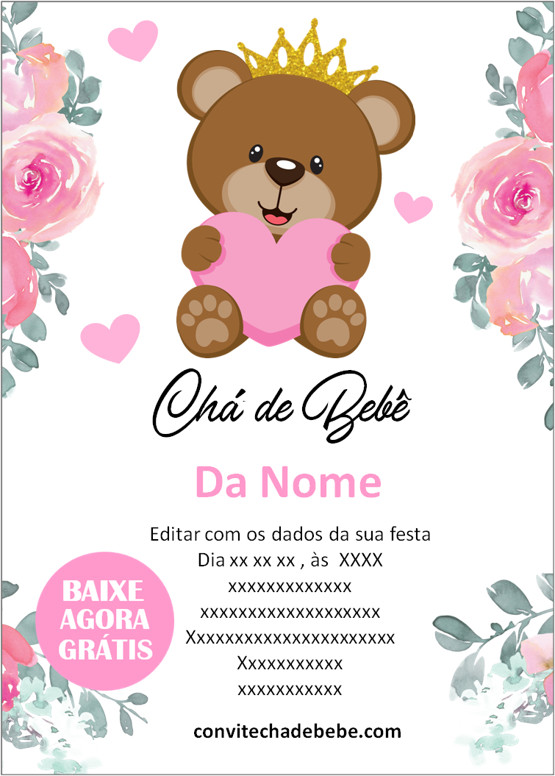 Grátis - Fazer convite online convite digital Chá de bebê Menina Ursinha  Realeza com dica mimo +