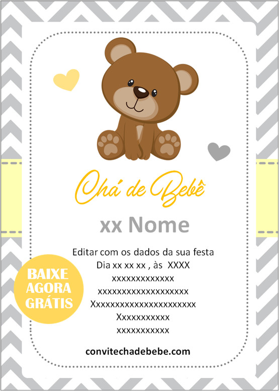 convite chá de bebê amarelo e cinza