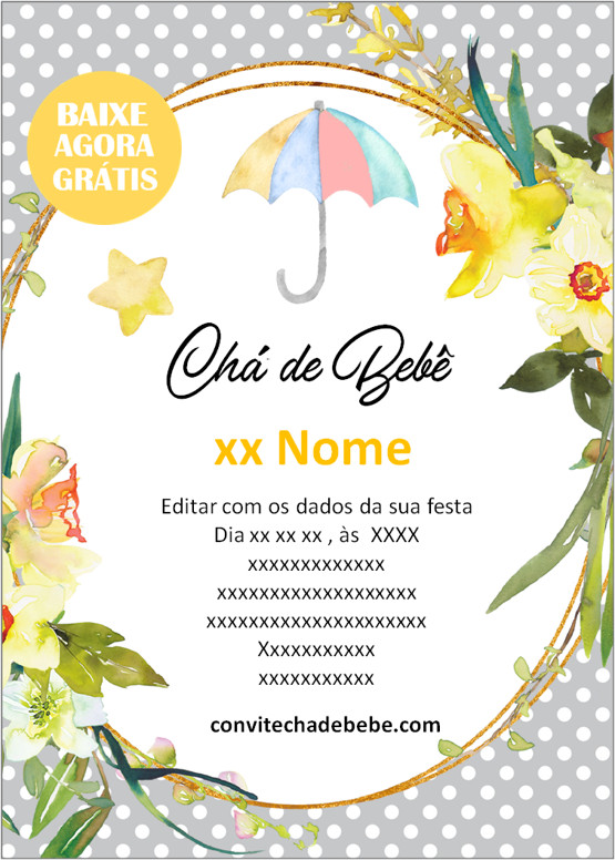 convite chá de bebê amarelo e cinza grátis