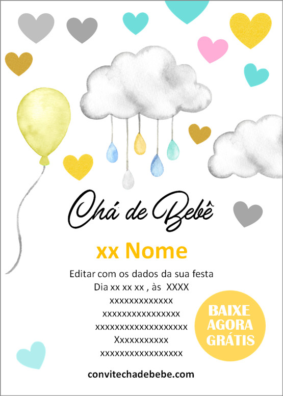 convite chá de bebê amarelo e cinza personalizado