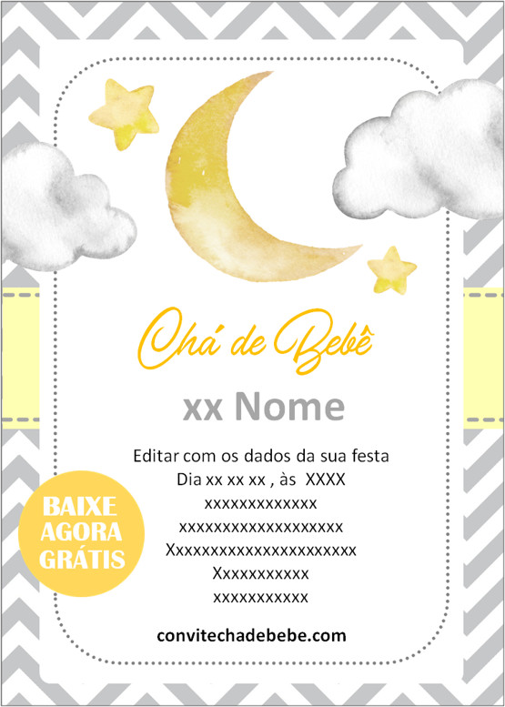 convite chá de bebê amarelo e cinza gratuito