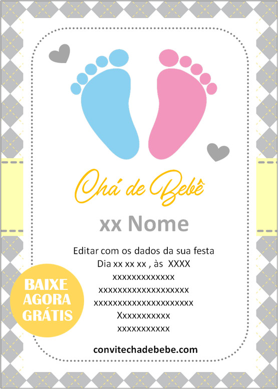 convite chá de bebê amarelo e cinza unissex