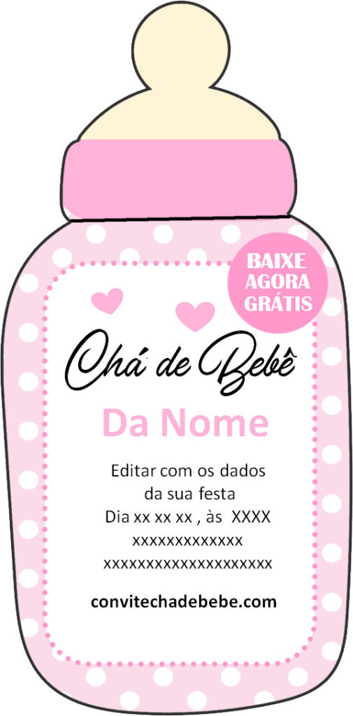 convite digital chá de bebê mamadeira menina