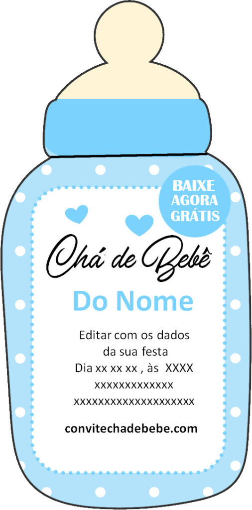 convite chá de bebê mamadeira para editar