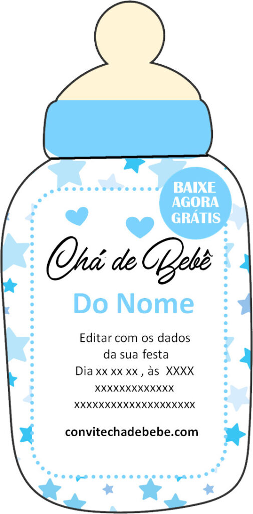 convite chá de bebê tema mamadeira menino