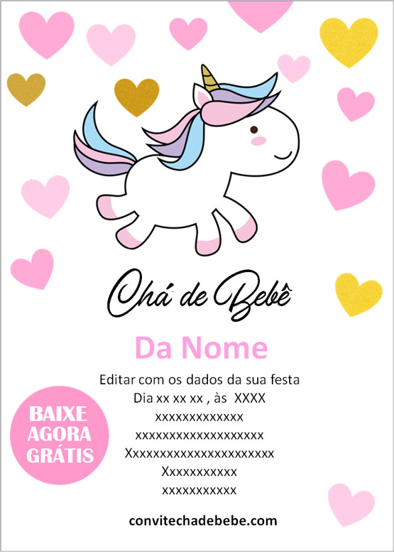 convite chá de bebê tema unicórnio