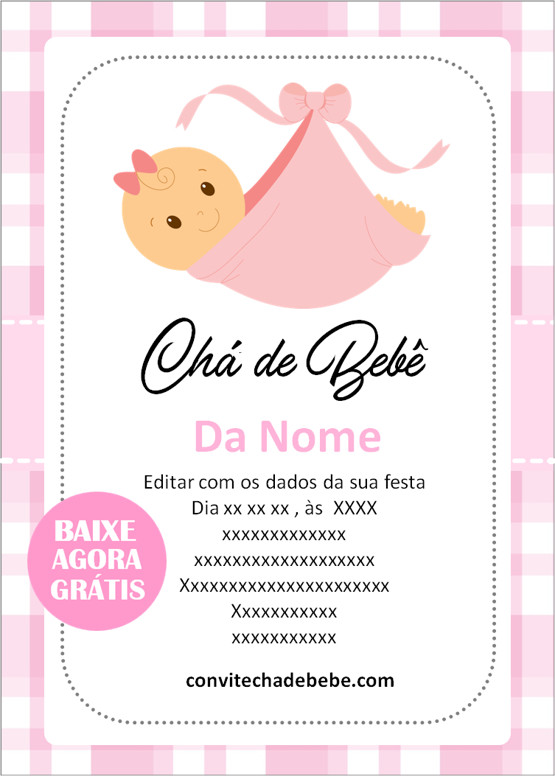 convite chá de bebê simples menina