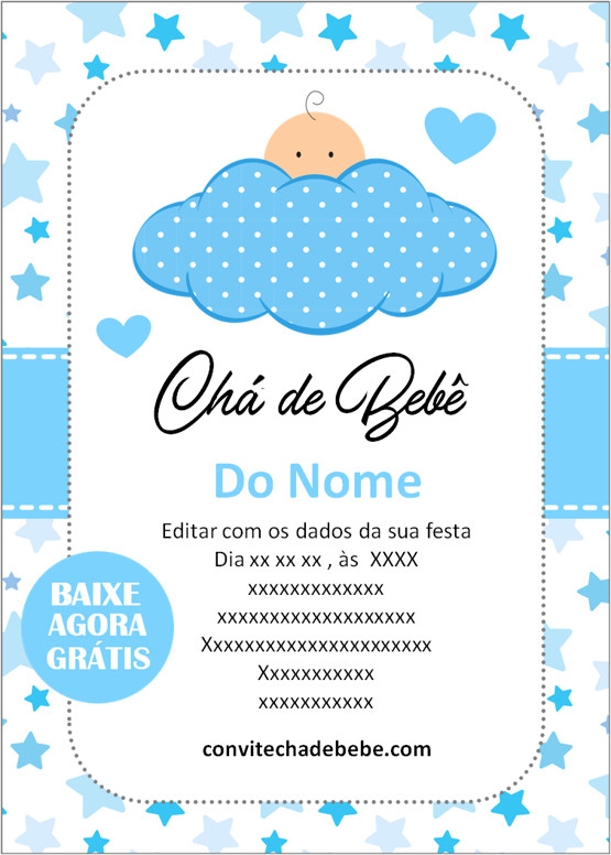 convite chá de bebê tema nuvem azul