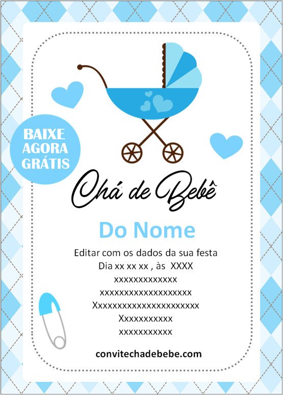 convite chá de bebê digital para imprimir menino