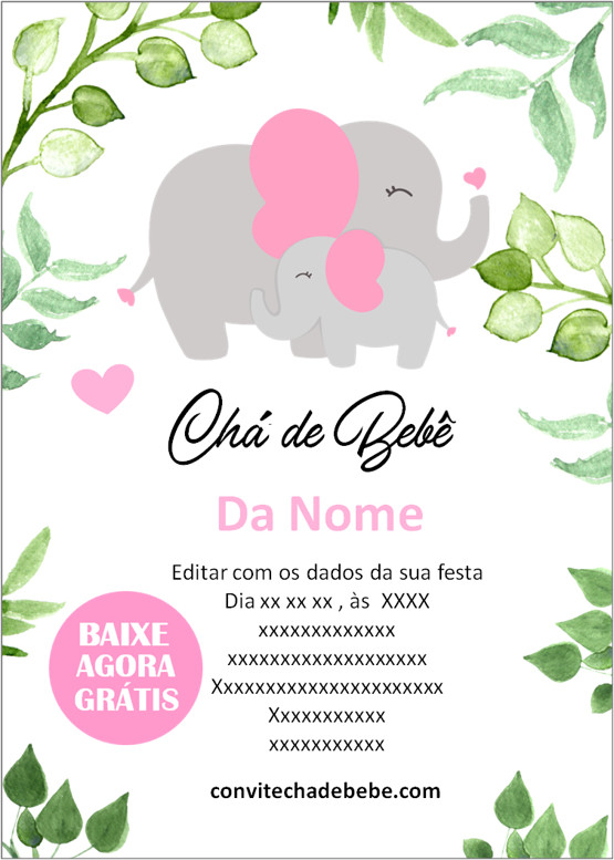 convite digital chá de bebê elefantinho menina