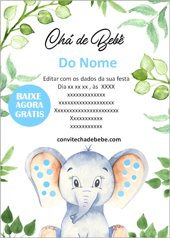 convite chá de bebê elefantinho azul