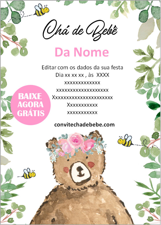 convite chá de bebê virtual ursinho menina